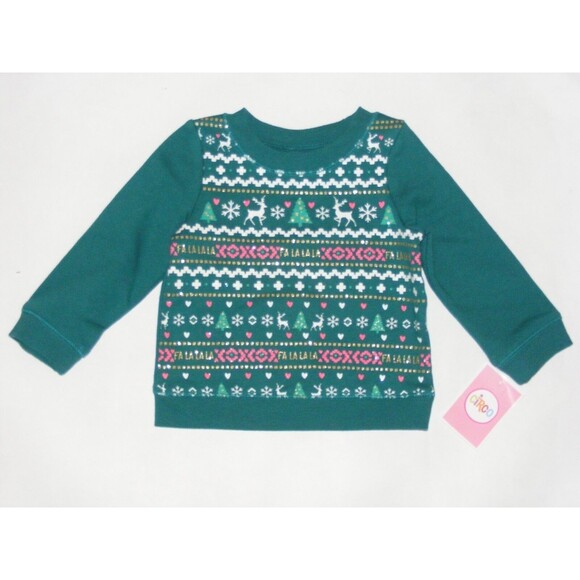 Baby Girls Christmas Crew Neck Sweatshirt Size 12 months Green Fair Isle Nordic - Picture 2 of 6